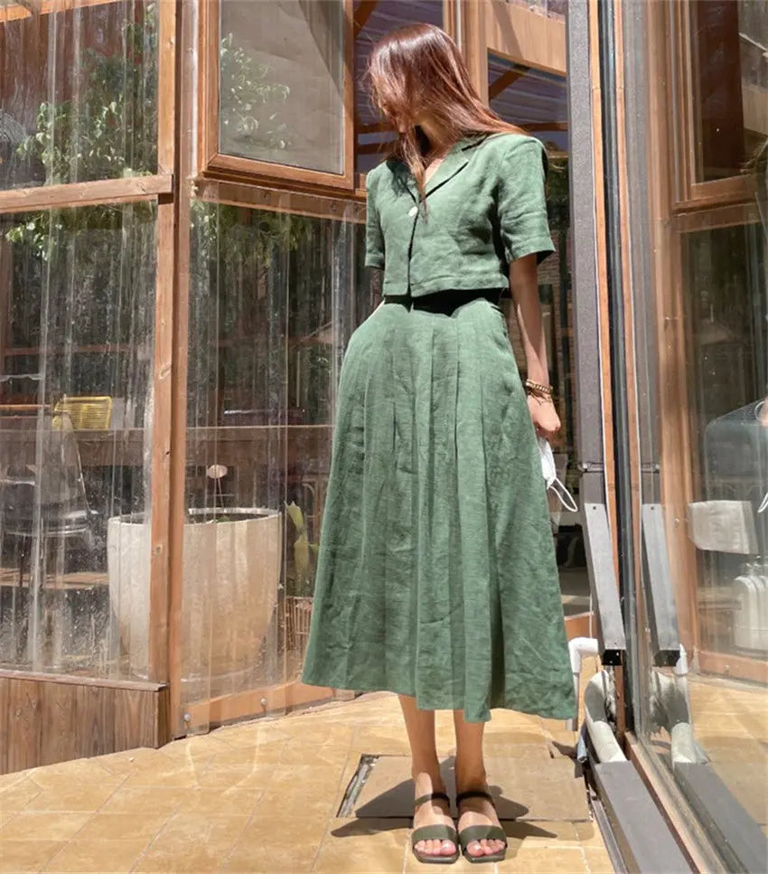 Cotton Linen Skirt 2 Two Piece Sets Outfits Female Short Sleeve Blazer Suits with High Waist nowadaysfashion