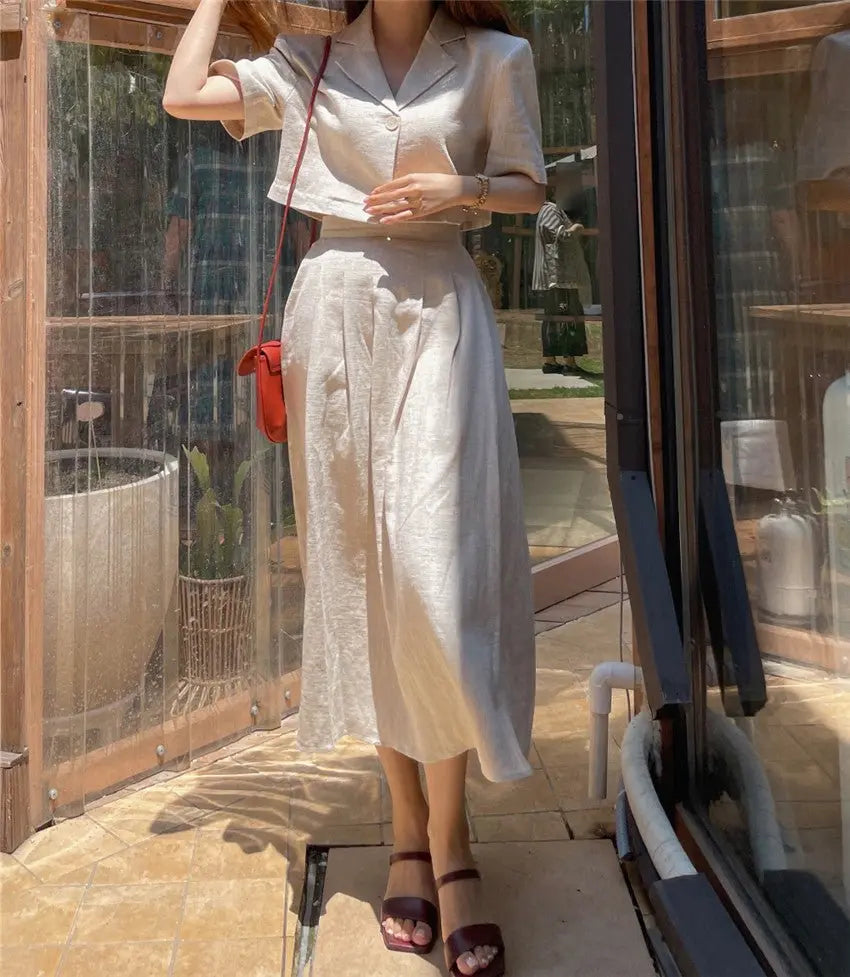 Cotton Linen Skirt 2 Two Piece Sets Outfits Female Short Sleeve Blazer Suits with High Waist nowadaysfashion