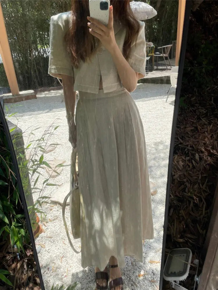 Cotton Linen Skirt 2 Two Piece Sets Outfits Female Short Sleeve Blazer Suits with High Waist - Blade & Thread