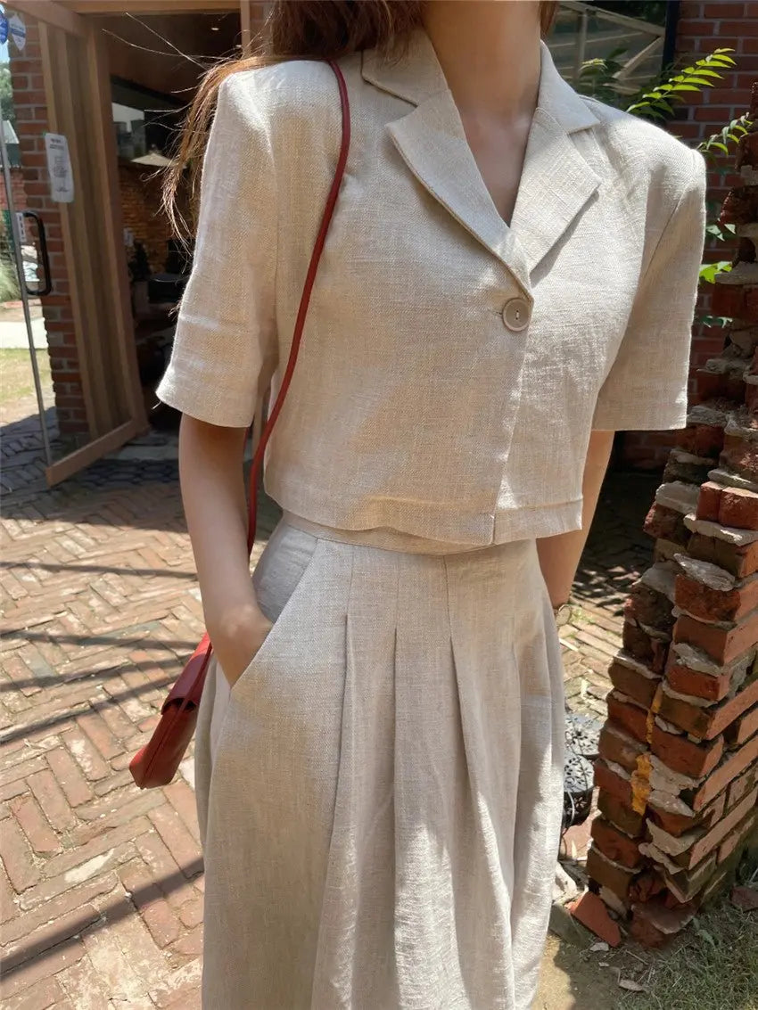Cotton Linen Skirt 2 Two Piece Sets Outfits Female Short Sleeve Blazer Suits with High Waist - Blade & Thread