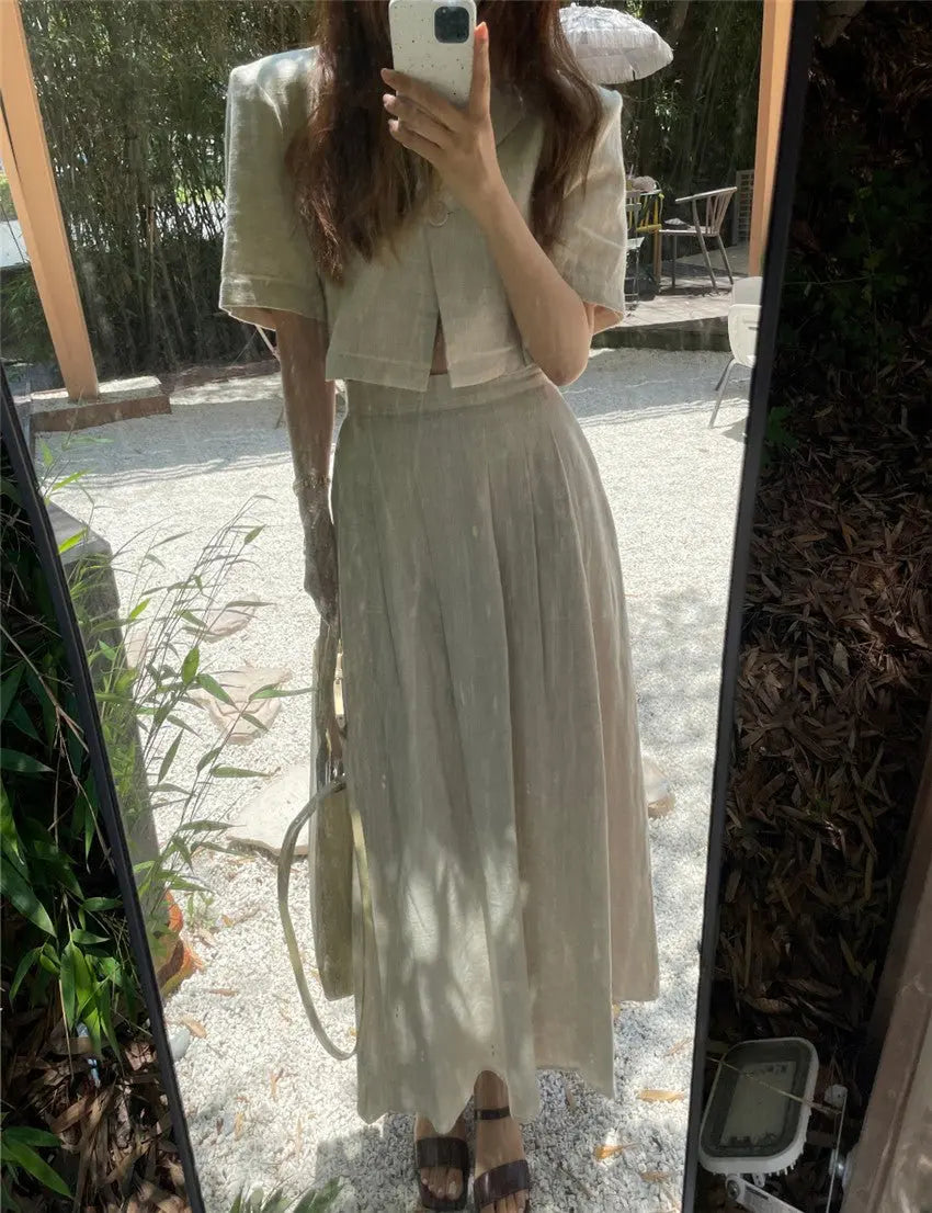 Cotton Linen Skirt 2 Two Piece Sets Outfits Female Short Sleeve Blazer Suits with High Waist nowadaysfashion