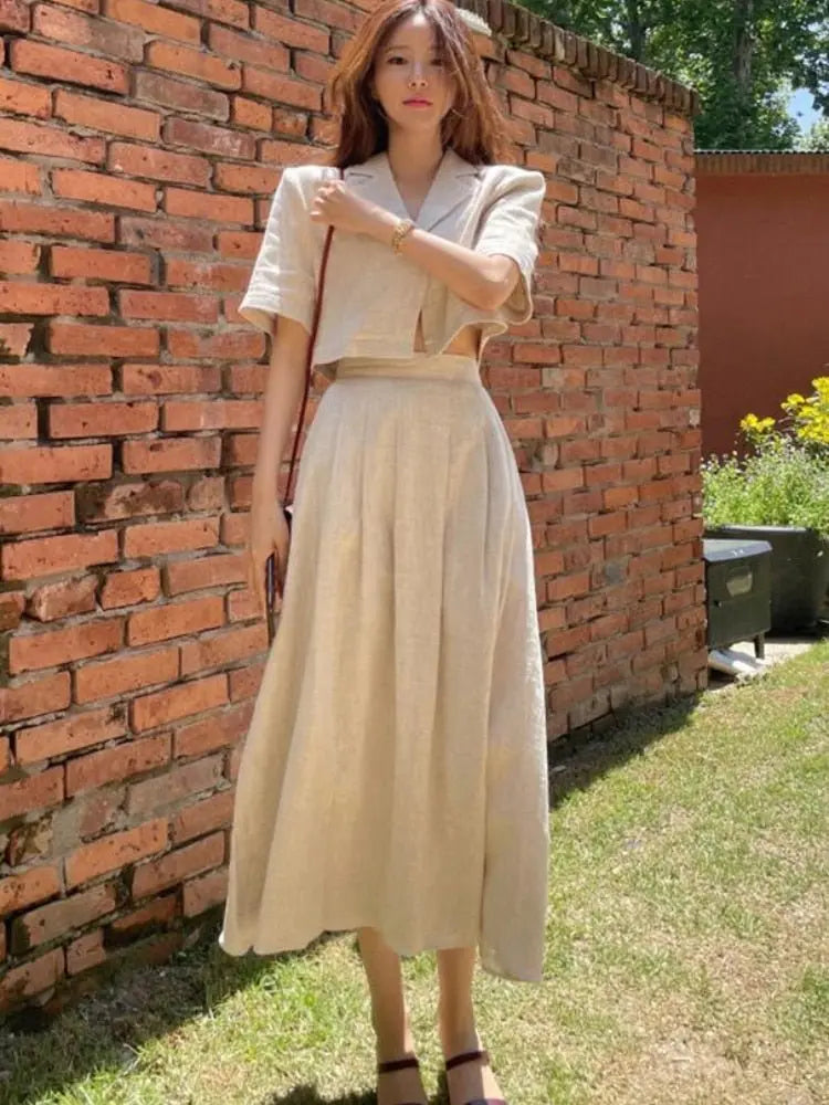 Cotton Linen Skirt 2 Two Piece Sets Outfits Female Short Sleeve Blazer Suits with High Waist - Blade & Thread