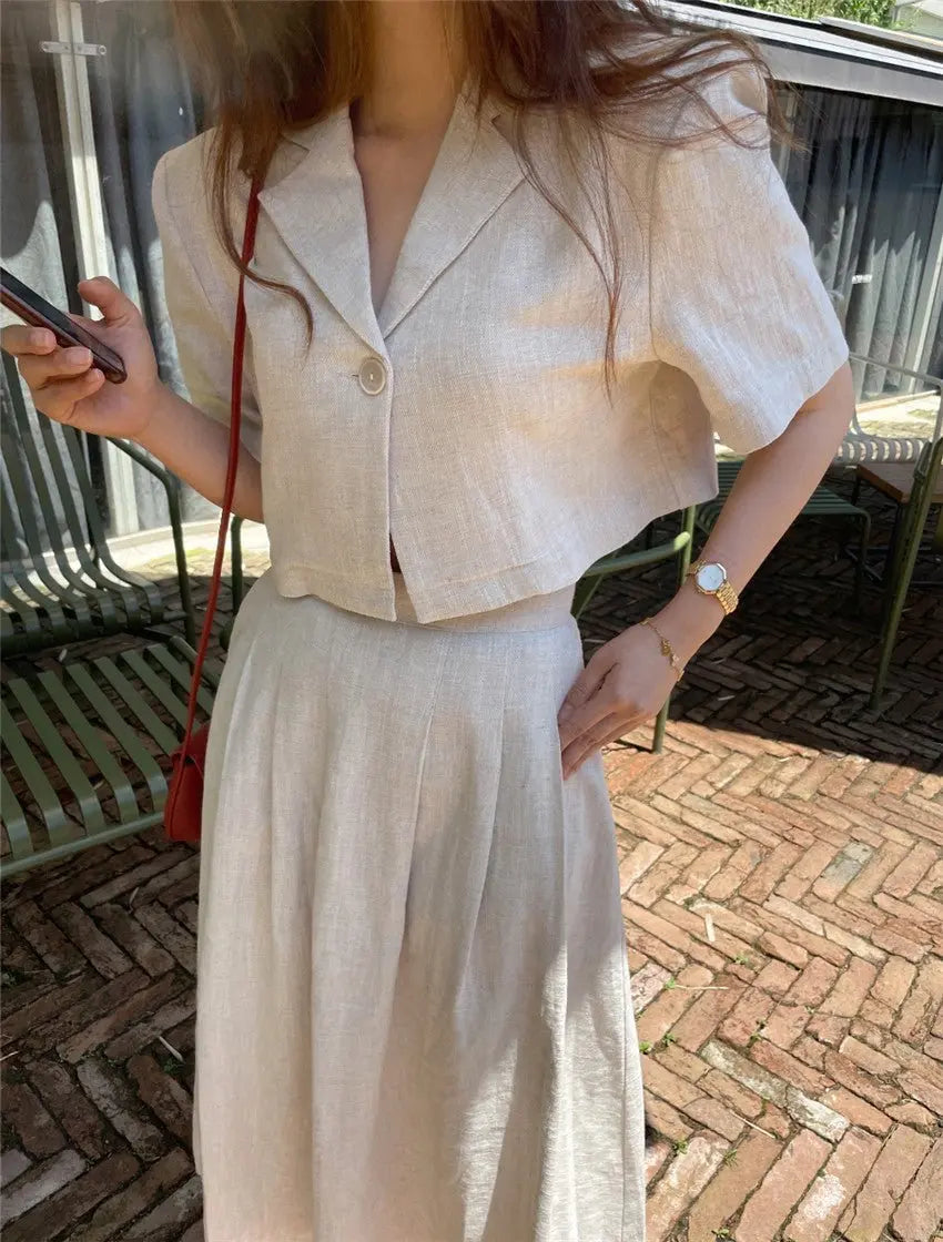 Cotton Linen Skirt 2 Two Piece Sets Outfits Female Short Sleeve Blazer Suits with High Waist - Blade & Thread