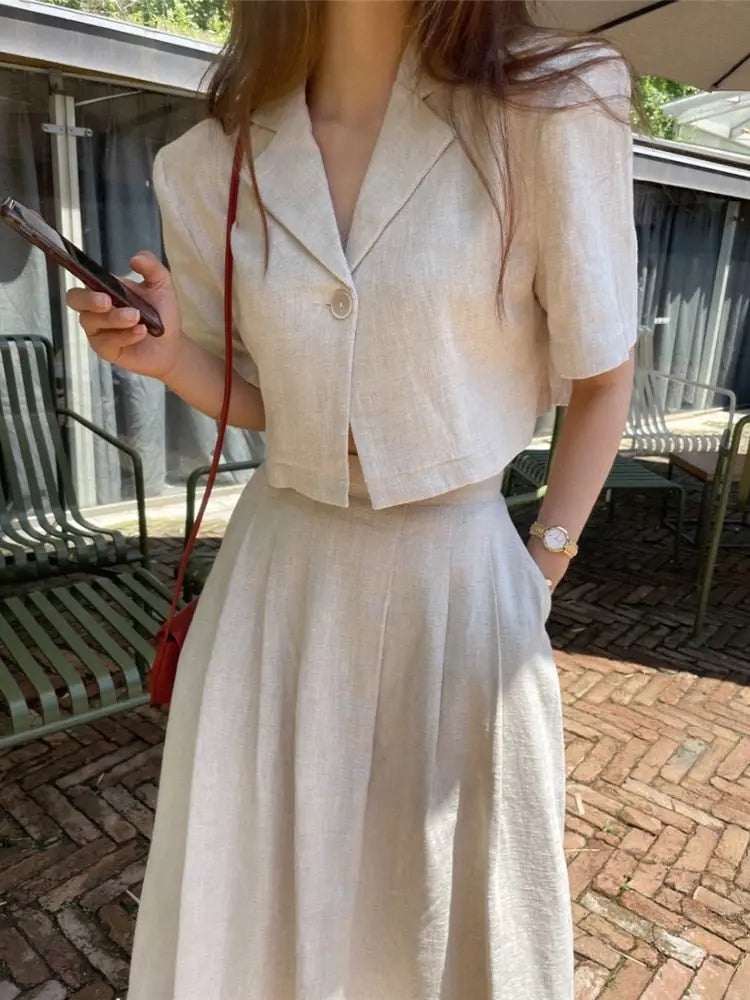 Cotton Linen Skirt 2 Two Piece Sets Outfits Female Short Sleeve Blazer Suits with High Waist nowadaysfashion