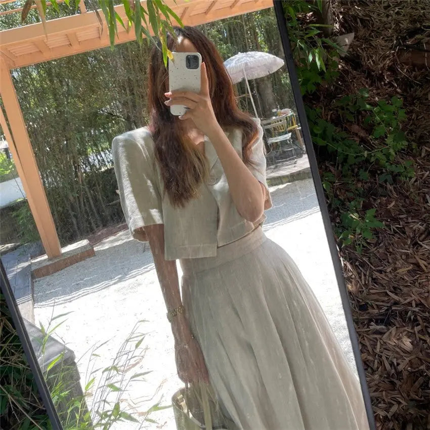 Cotton Linen Skirt 2 Two Piece Sets Outfits Female Short Sleeve Blazer Suits with High Waist nowadaysfashion