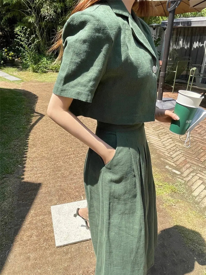 Cotton Linen Skirt 2 Two Piece Sets Outfits Female Short Sleeve Blazer Suits with High Waist nowadaysfashion