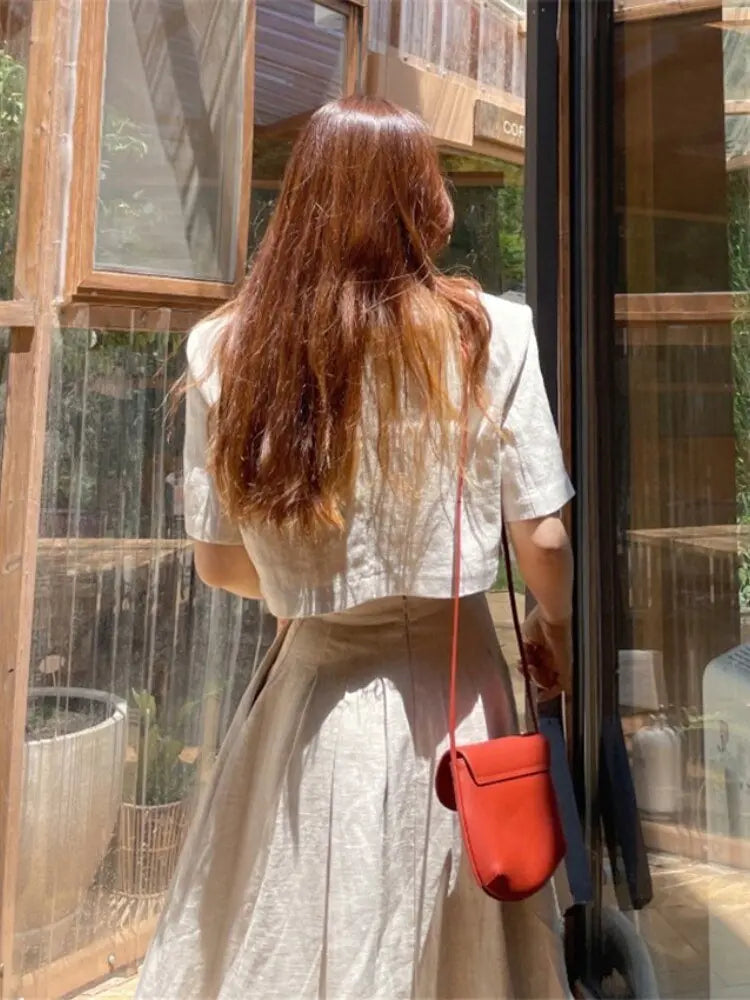 Cotton Linen Skirt 2 Two Piece Sets Outfits Female Short Sleeve Blazer Suits with High Waist - Blade & Thread