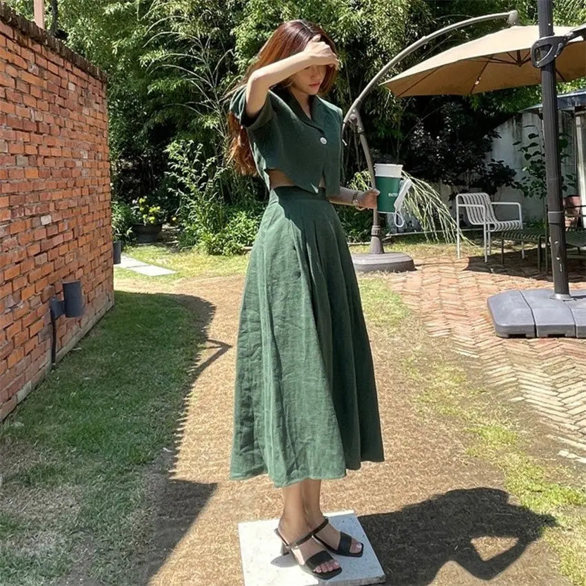 Cotton Linen Skirt 2 Two Piece Sets Outfits Female Short Sleeve Blazer Suits with High Waist nowadaysfashion