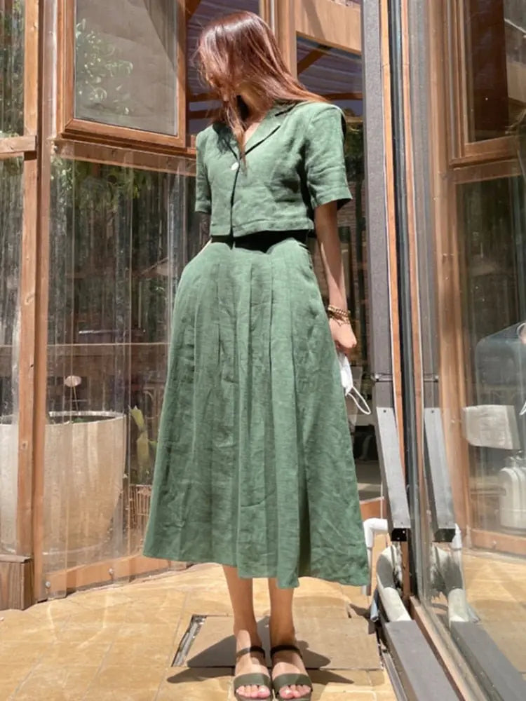 Cotton Linen Skirt 2 Two Piece Sets Outfits Female Short Sleeve Blazer Suits with High Waist - Blade & Thread