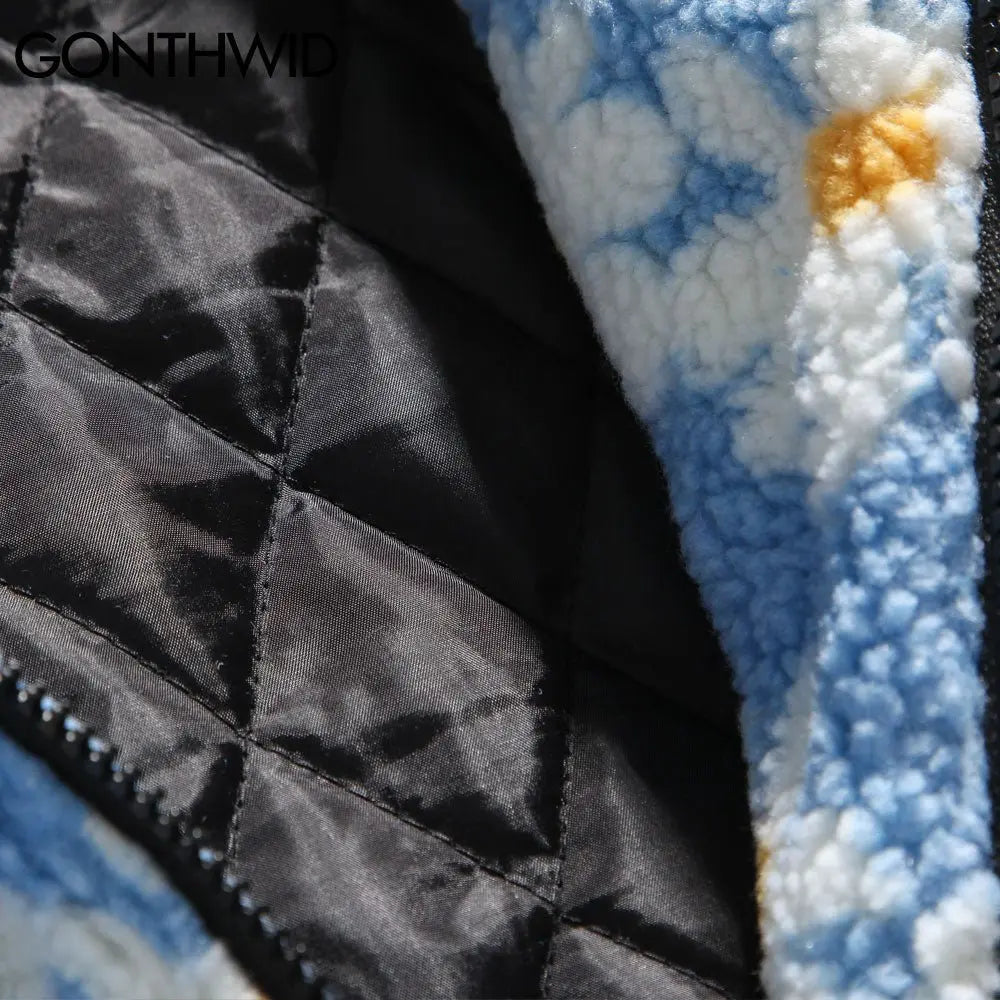 Cotton Padded Thick Parkas Jackets Daisy Print Fleece Warm Full Zip Coats nowadaysfashion