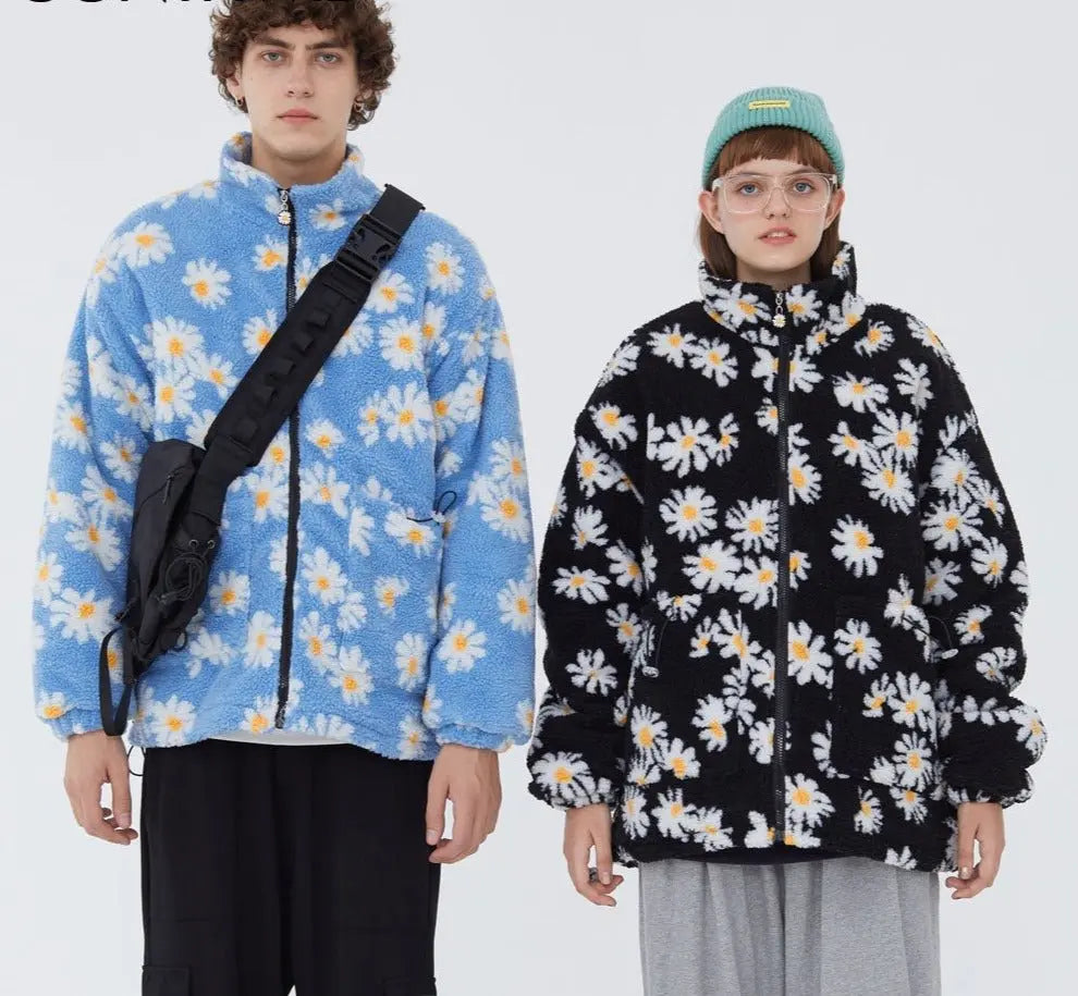 Cotton Padded Thick Parkas Jackets Daisy Print Fleece Warm Full Zip Coats - Blade & Thread