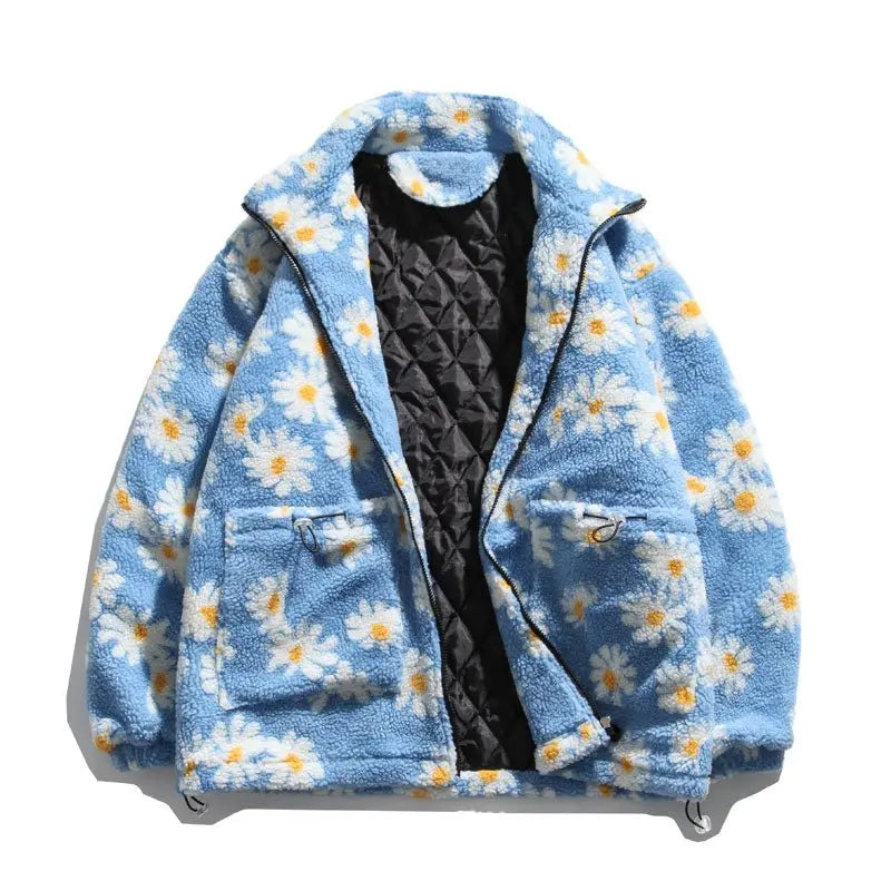 Cotton Padded Thick Parkas Jackets Daisy Print Fleece Warm Full Zip Coats - Blade & Thread