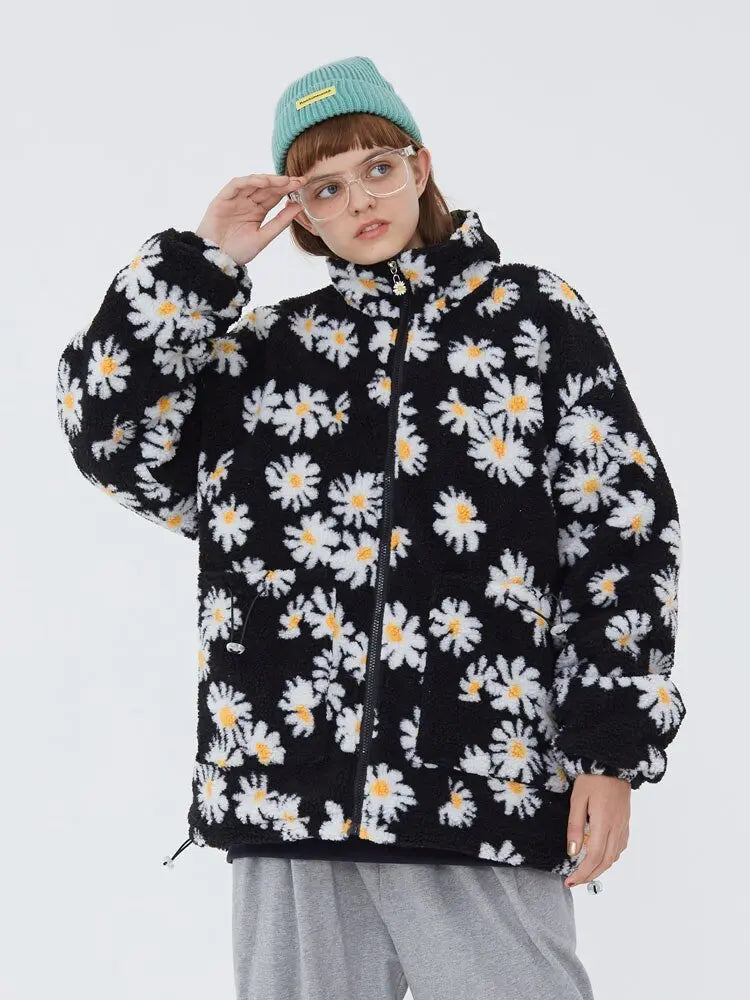 Cotton Padded Thick Parkas Jackets Daisy Print Fleece Warm Full Zip Coats - Blade & Thread