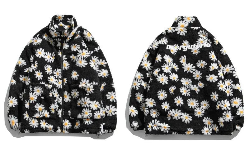 Cotton Padded Thick Parkas Jackets Daisy Print Fleece Warm Full Zip Coats - Blade & Thread