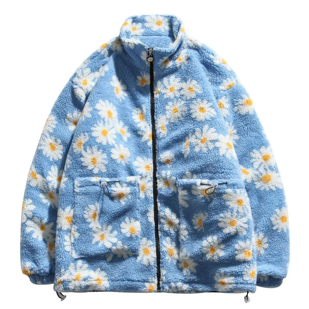 Cotton Padded Thick Parkas Jackets Daisy Print Fleece Warm Full Zip Coats - Blade & Thread