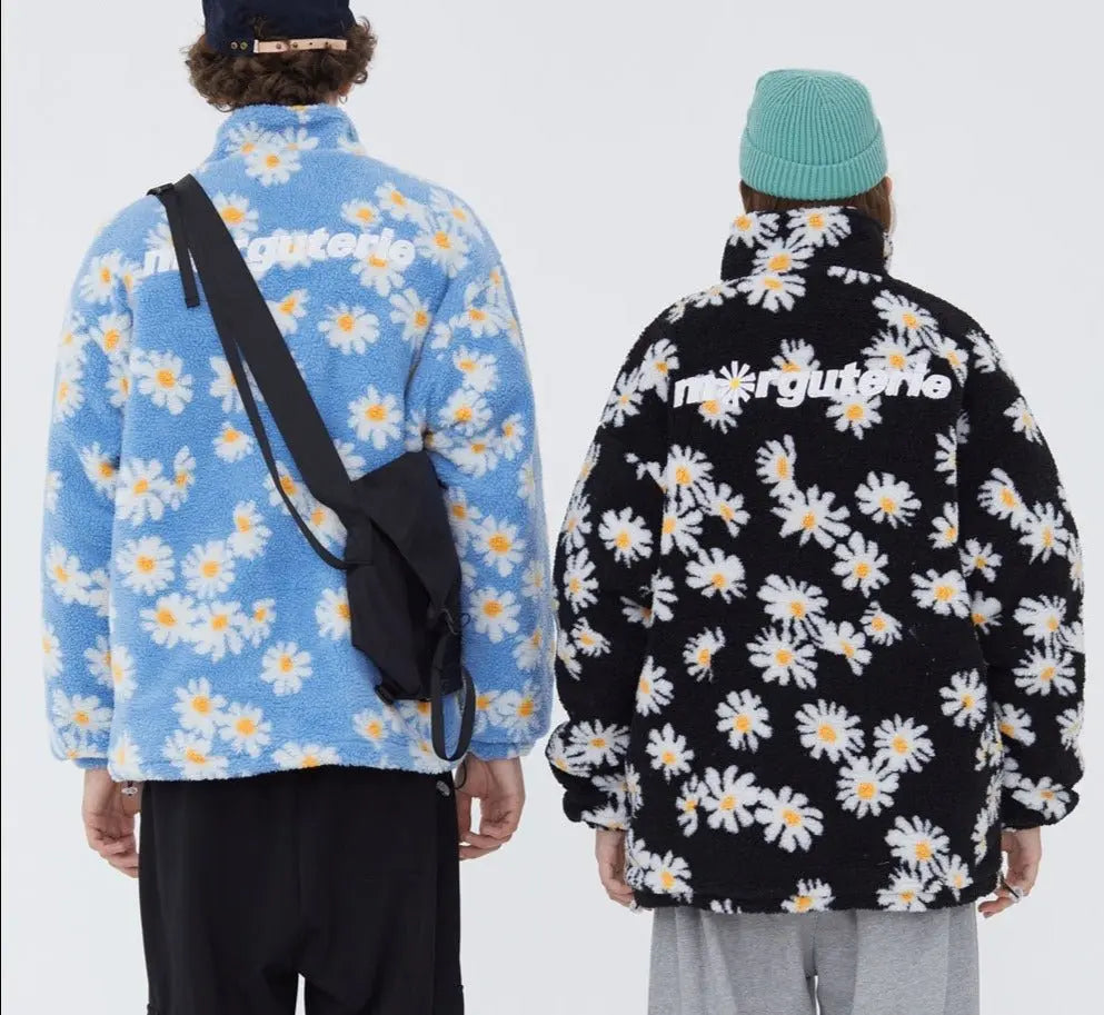 Cotton Padded Thick Parkas Jackets Daisy Print Fleece Warm Full Zip Coats - Blade & Thread