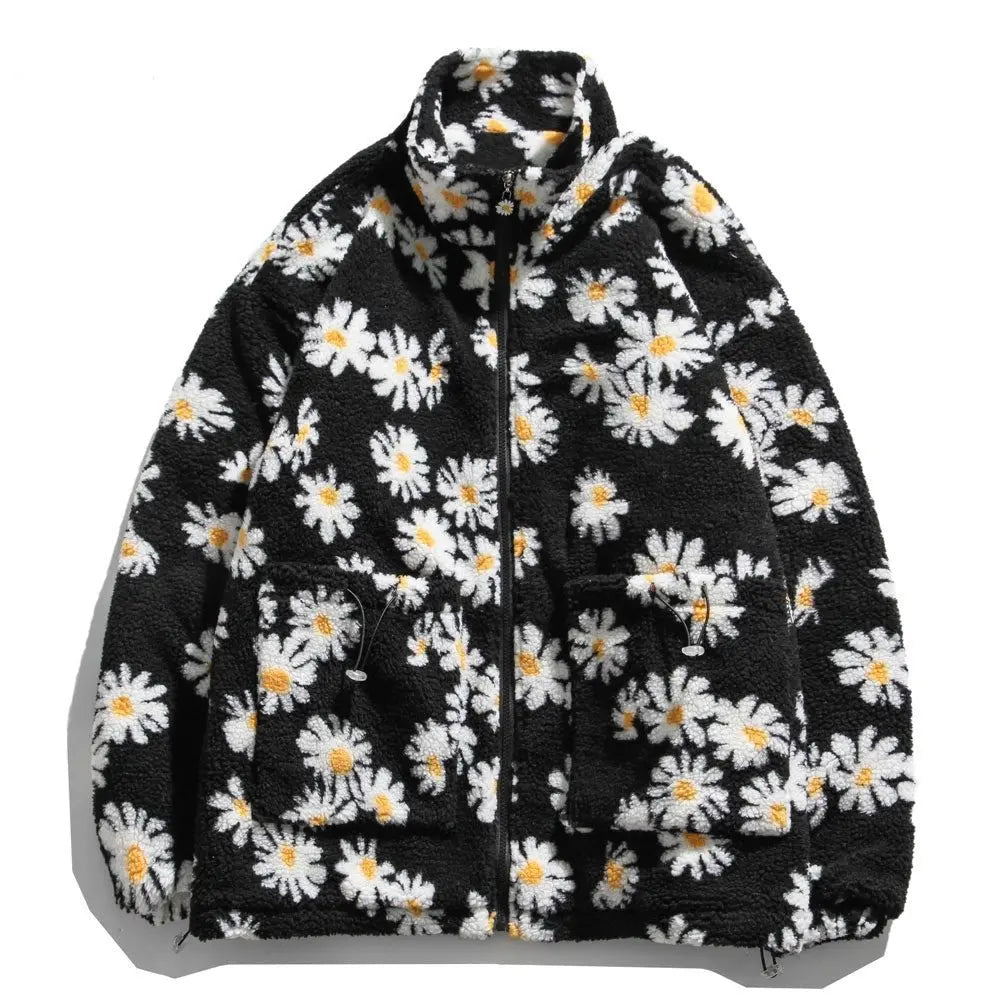 Cotton Padded Thick Parkas Jackets Daisy Print Fleece Warm Full Zip Coats - Blade & Thread