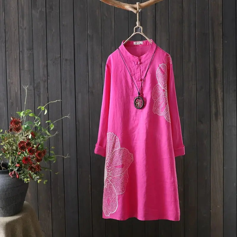 Cotton Shirt Long Sleeve Embroidery Blouse Stand Collar Loose Long Top Office Lady Casual Wear - Blade & Thread
