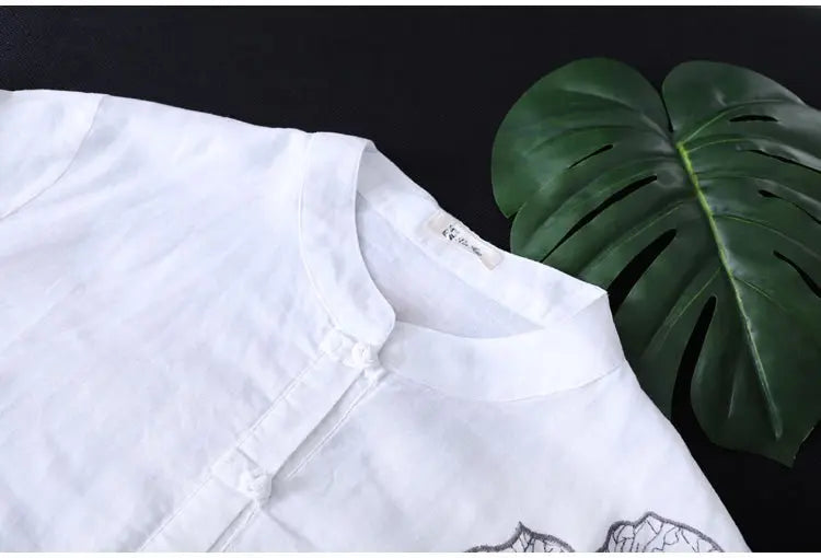Cotton Shirt Long Sleeve Embroidery Blouse Stand Collar Loose Long Top Office Lady Casual Wear nowadaysfashion