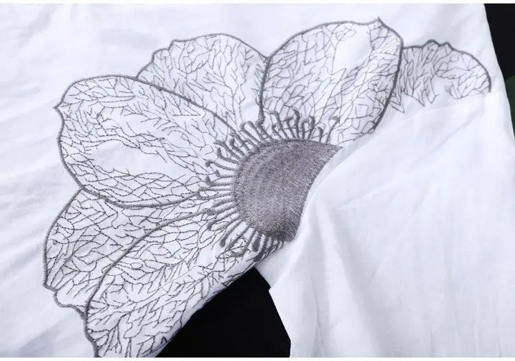 Cotton Shirt Long Sleeve Embroidery Blouse Stand Collar Loose Long Top Office Lady Casual Wear - Blade & Thread