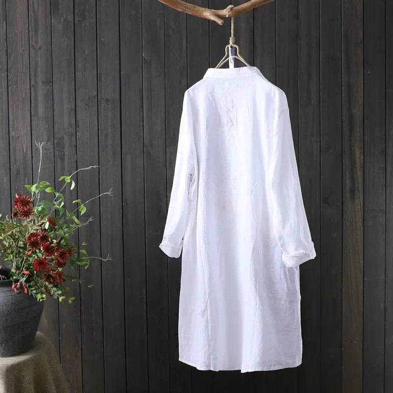 Cotton Shirt Long Sleeve Embroidery Blouse Stand Collar Loose Long Top Office Lady Casual Wear - Blade & Thread