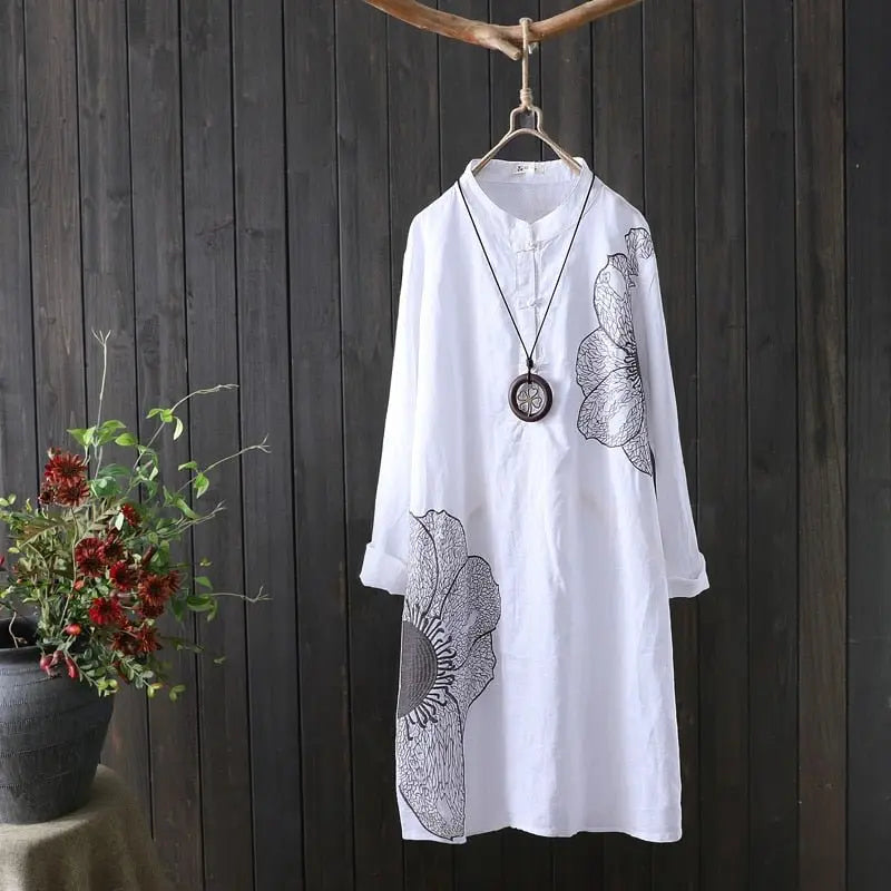 Cotton Shirt Long Sleeve Embroidery Blouse Stand Collar Loose Long Top Office Lady Casual Wear nowadaysfashion
