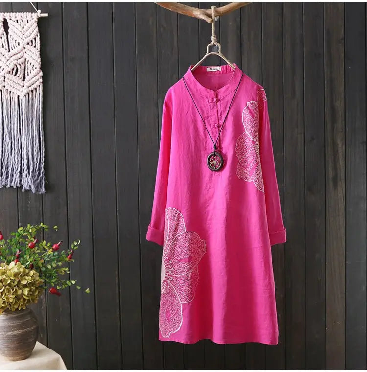Cotton Shirt Long Sleeve Embroidery Blouse Stand Collar Loose Long Top Office Lady Casual Wear - Blade & Thread