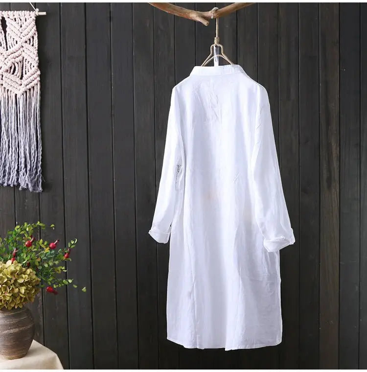 Cotton Shirt Long Sleeve Embroidery Blouse Stand Collar Loose Long Top Office Lady Casual Wear - Blade & Thread