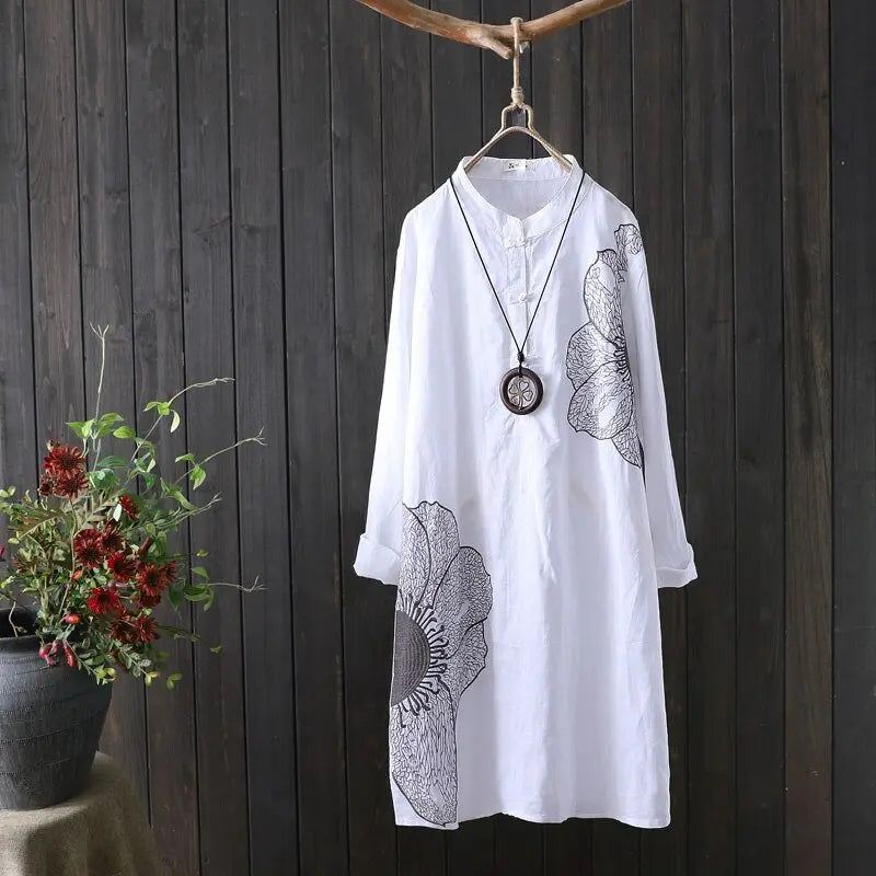 Cotton Shirt Long Sleeve Embroidery Blouse Stand Collar Loose Long Top Office Lady Casual Wear - Blade & Thread
