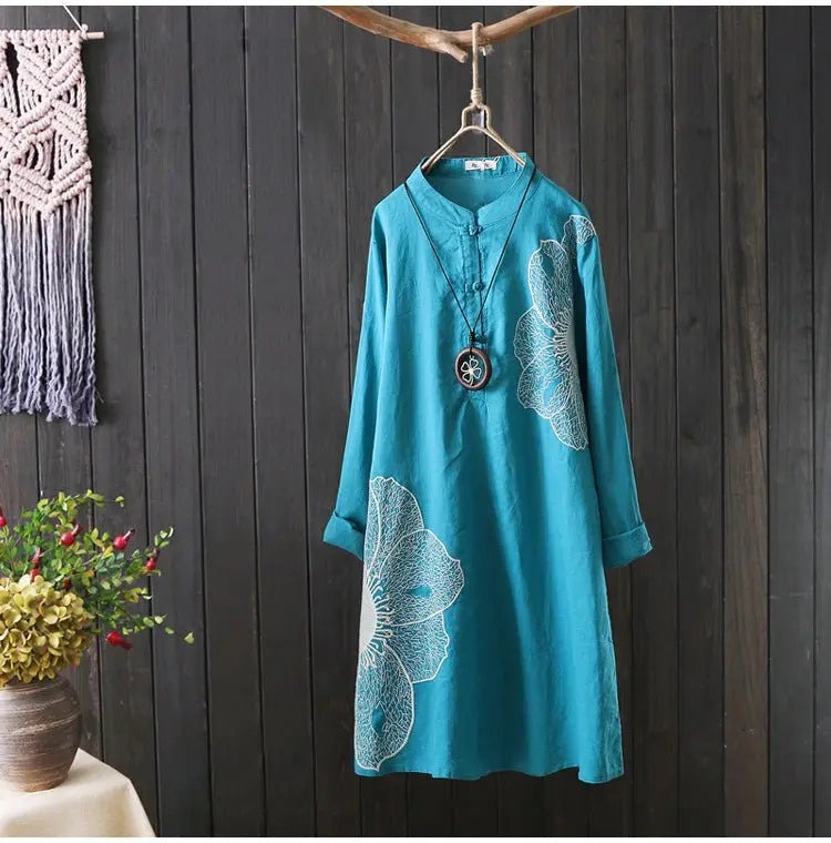 Cotton Shirt Long Sleeve Embroidery Blouse Stand Collar Loose Long Top Office Lady Casual Wear - Blade & Thread