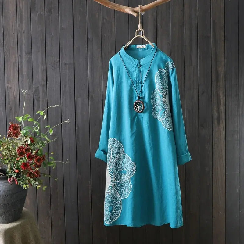 Cotton Shirt Long Sleeve Embroidery Blouse Stand Collar Loose Long Top Office Lady Casual Wear - Blade & Thread