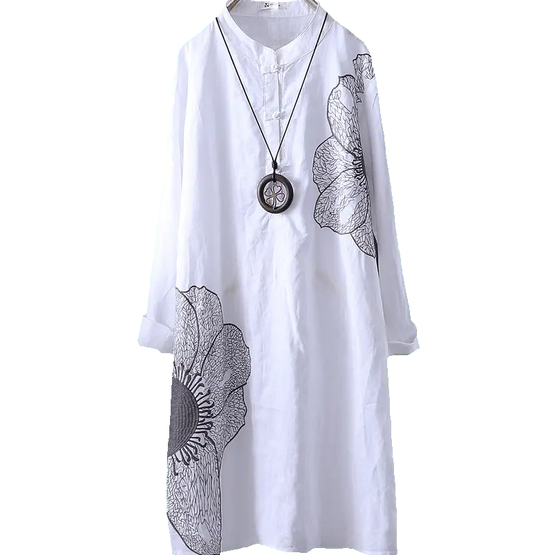 Cotton Shirt Long Sleeve Embroidery Blouse Stand Collar Loose Long Top Office Lady Casual Wear nowadaysfashion