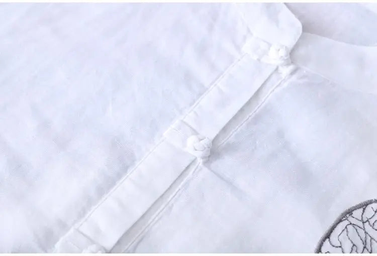 Cotton Shirt Long Sleeve Embroidery Blouse Stand Collar Loose Long Top Office Lady Casual Wear - Blade & Thread