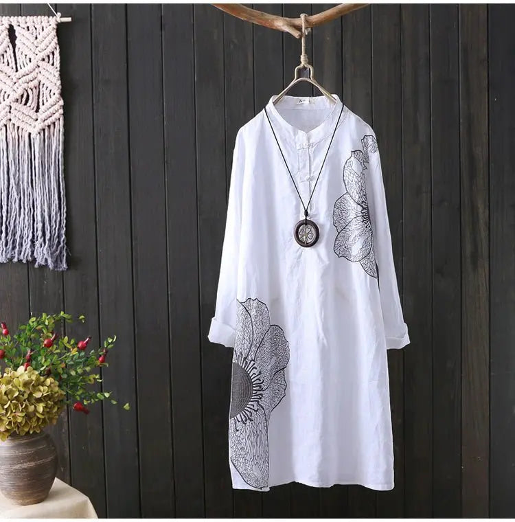 Cotton Shirt Long Sleeve Embroidery Blouse Stand Collar Loose Long Top Office Lady Casual Wear nowadaysfashion