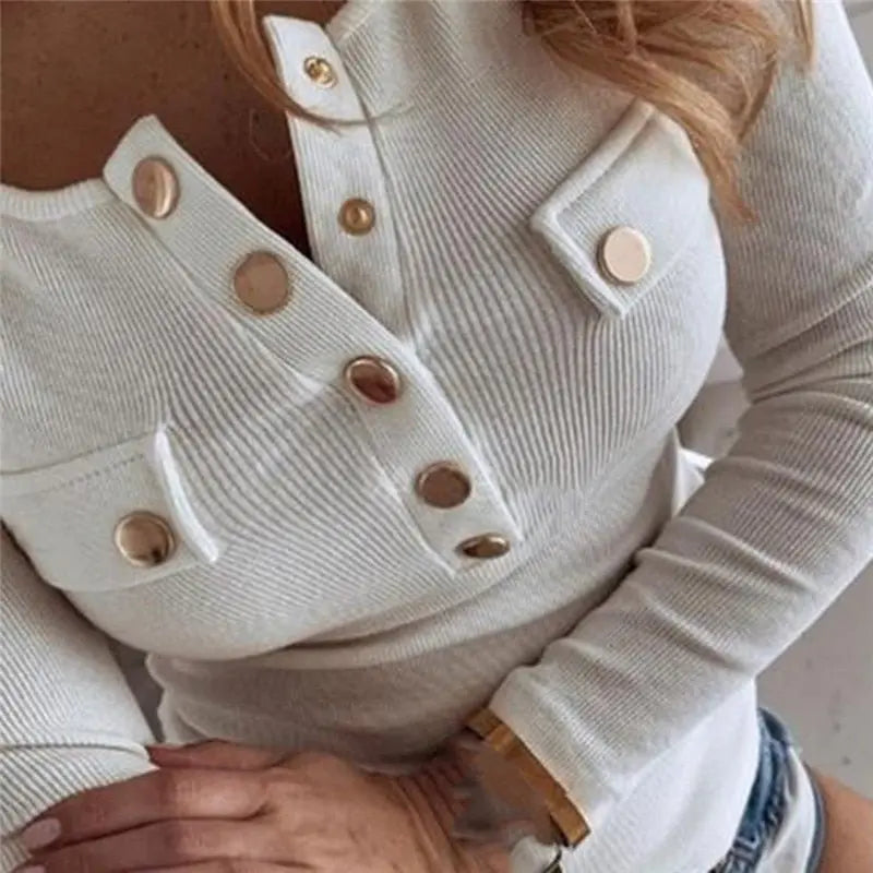 Cotton Women Spring O Neck Pullover Long Sleeve T Shirt Loose Leisure Buttons Feminina Tee Female Tops - Blade & Thread