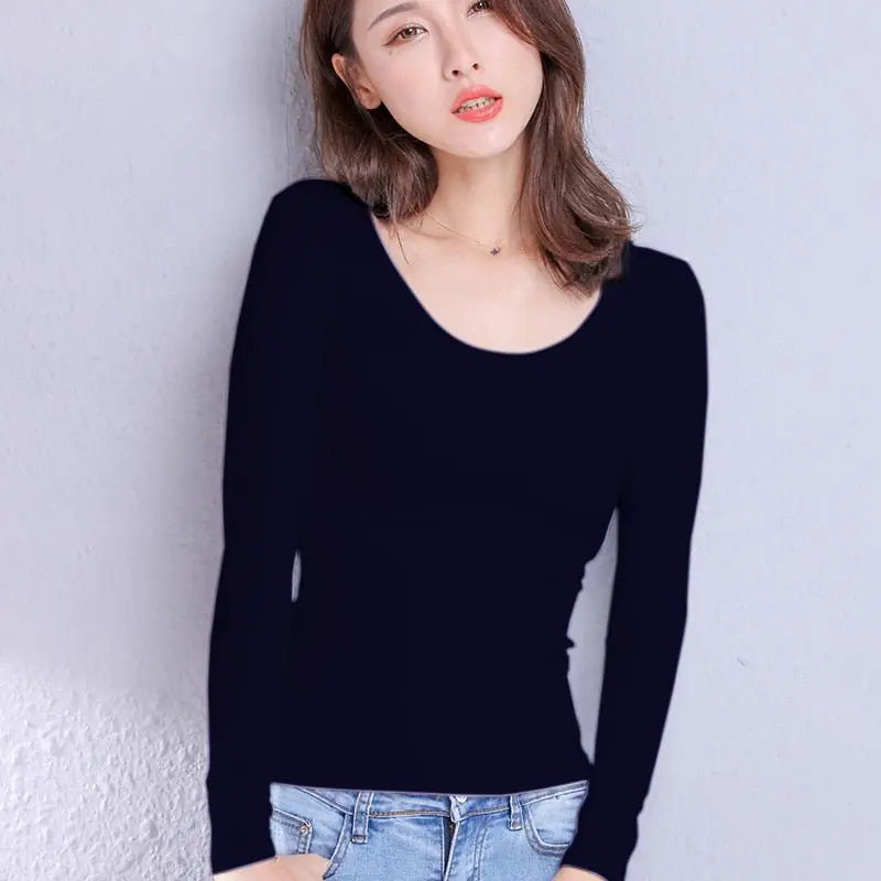 Cotton Women's T-shirt Long-sleeved Solid Color Women T-shirts Leisure Woman T shirt - Blade & Thread