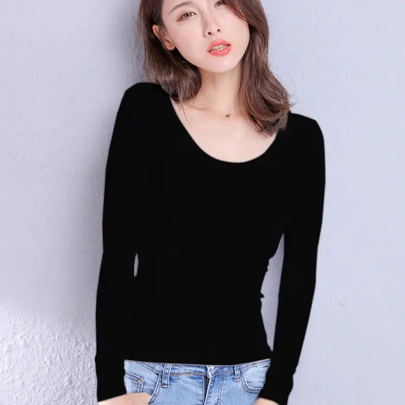 Cotton Women's T-shirt Long-sleeved Solid Color Women T-shirts Leisure Woman T shirt - Blade & Thread