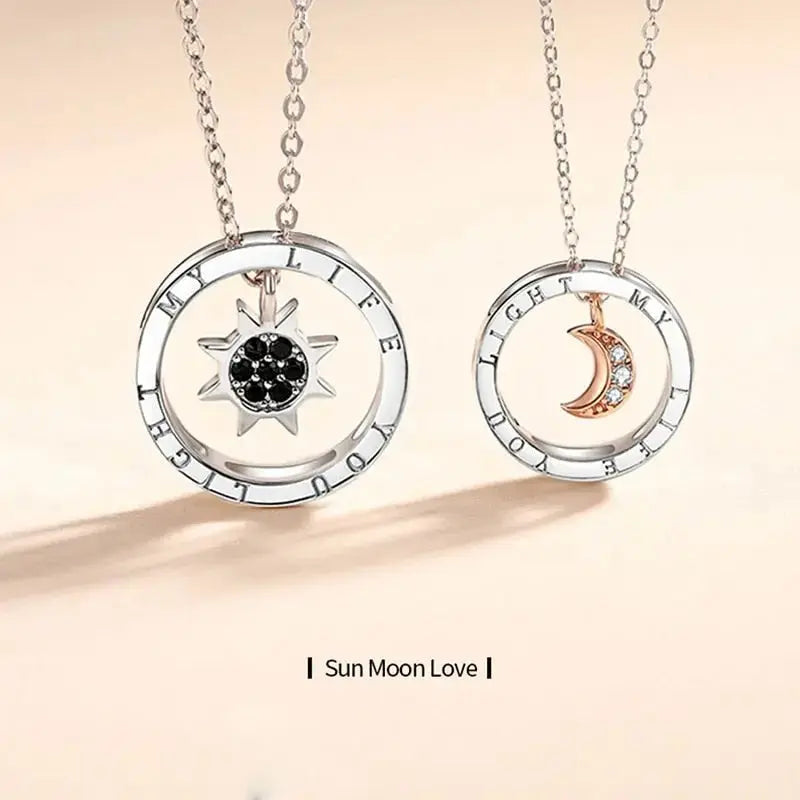 couple silver color ring sun and moon two-color pendant necklace jewelry gift nowadaysfashion