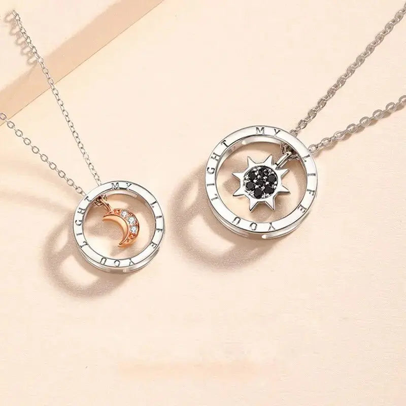 couple silver color ring sun and moon two-color pendant necklace jewelry gift nowadaysfashion