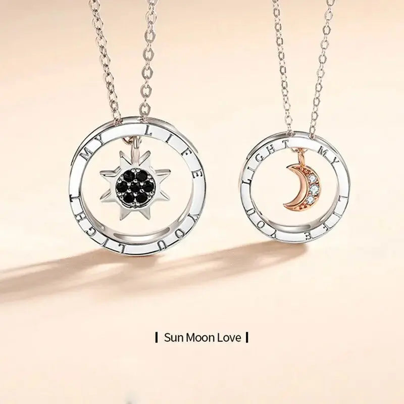 couple silver color ring sun and moon two-color pendant necklace jewelry gift nowadaysfashion