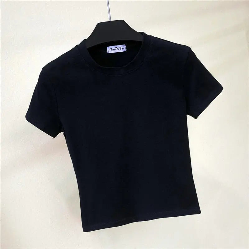 Crop Top T-Shirt Female Solid Cotton O-Neck Short Sleeve T-shirts for Women High Waist Slim T-Shirt nowadaysfashion