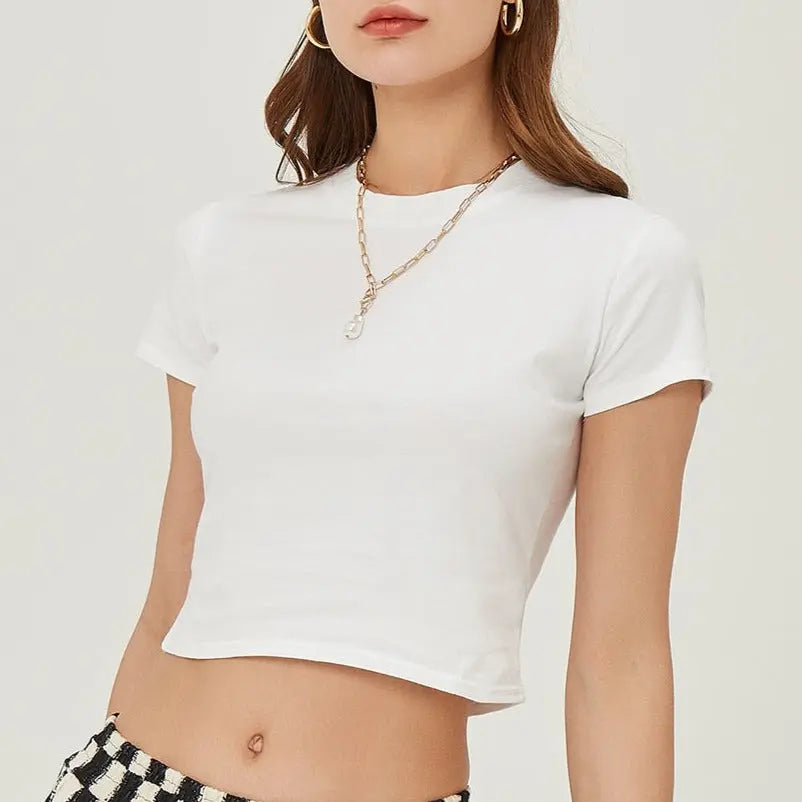 Crop Top T-Shirt Female Solid Cotton O-Neck Short Sleeve T-shirts for Women High Waist Slim T-Shirt nowadaysfashion