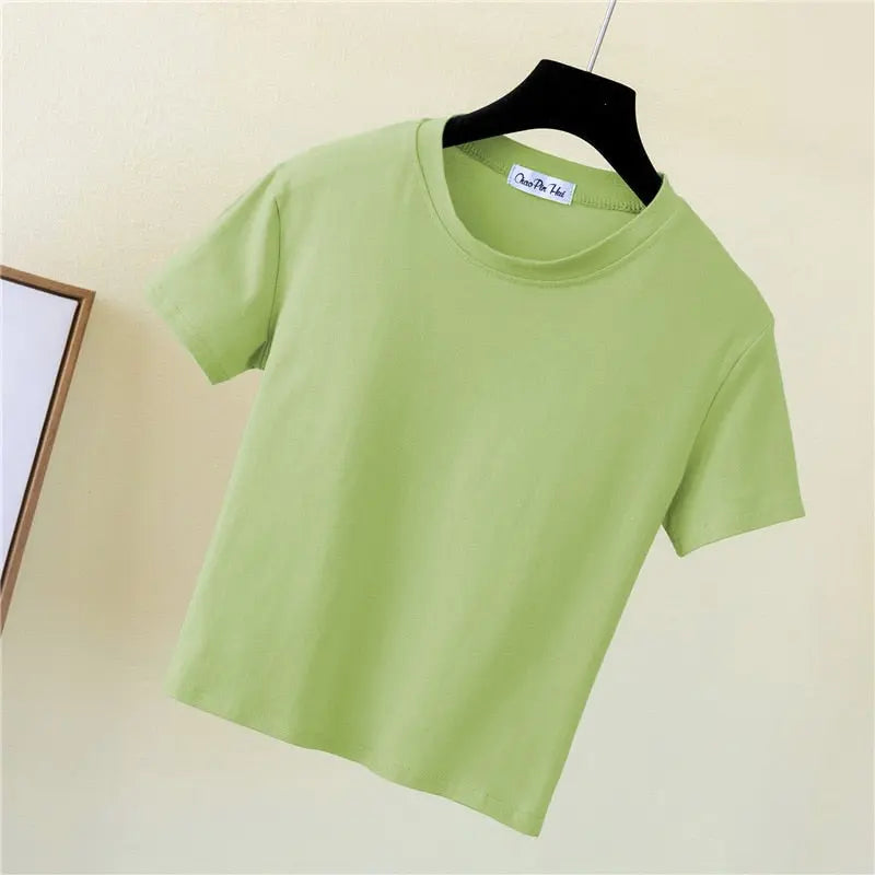 Crop Top T-Shirt Female Solid Cotton O-Neck Short Sleeve T-shirts for Women High Waist Slim T-Shirt nowadaysfashion