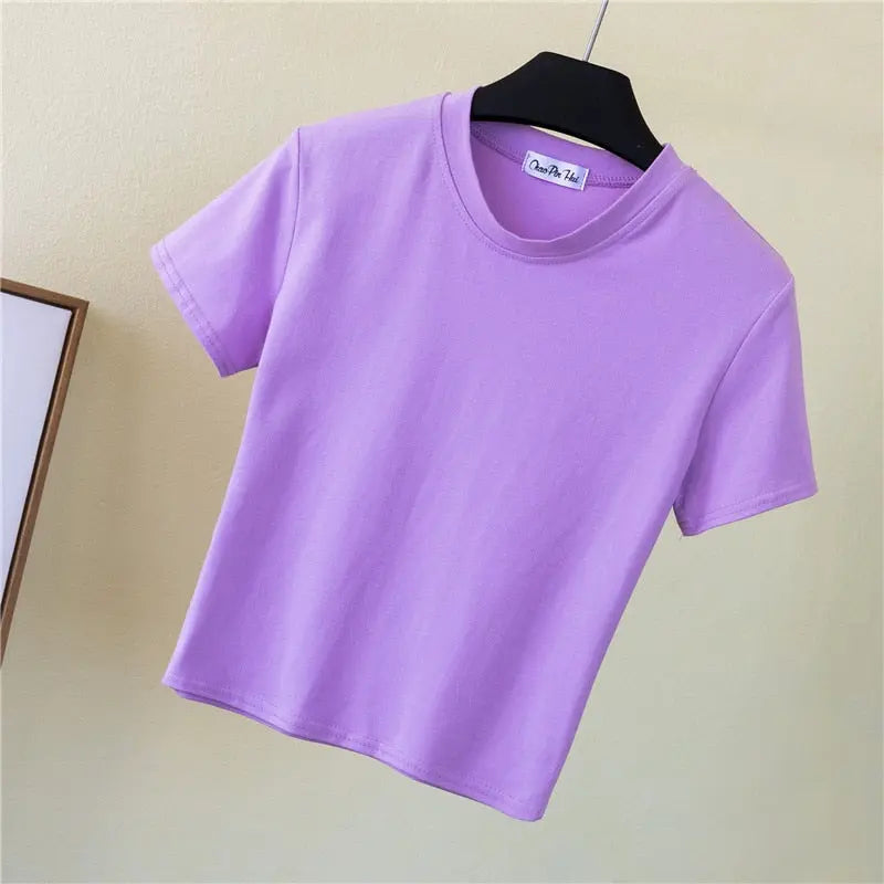 Crop Top T-Shirt Female Solid Cotton O-Neck Short Sleeve T-shirts for Women High Waist Slim T-Shirt nowadaysfashion