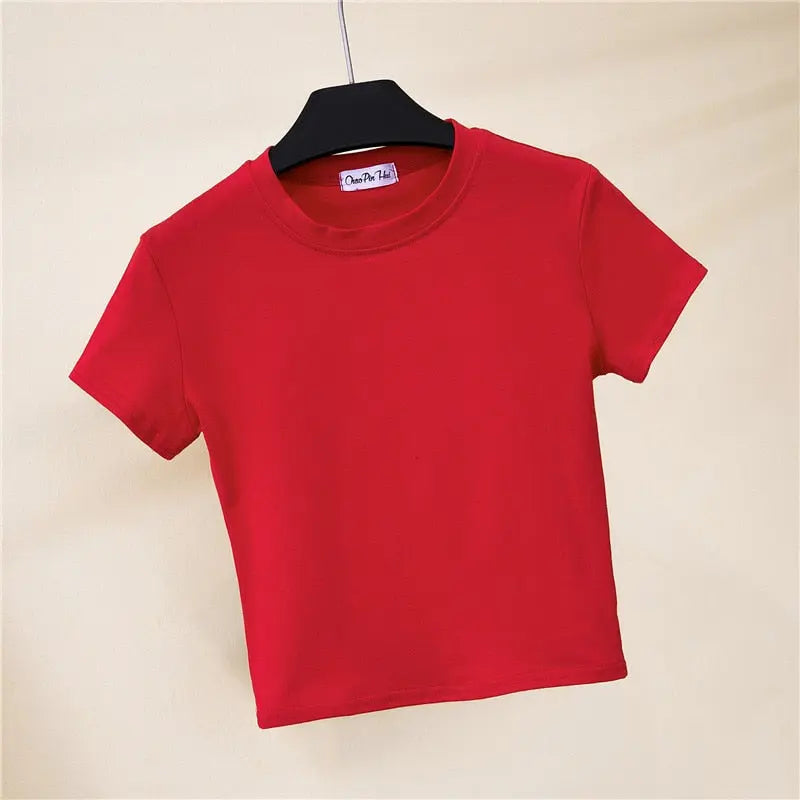 Crop Top T-Shirt Female Solid Cotton O-Neck Short Sleeve T-shirts for Women High Waist Slim T-Shirt nowadaysfashion