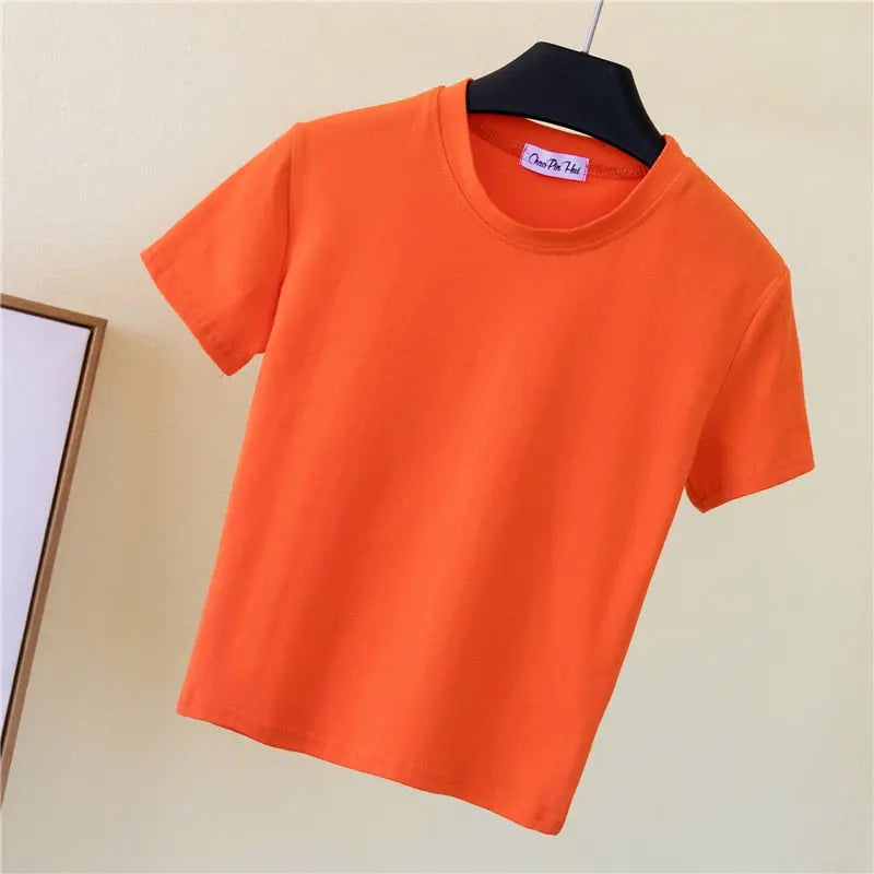Crop Top T-Shirt Female Solid Cotton O-Neck Short Sleeve T-shirts for Women High Waist Slim T-Shirt nowadaysfashion