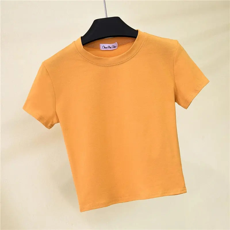 Crop Top T-Shirt Female Solid Cotton O-Neck Short Sleeve T-shirts for Women High Waist Slim T-Shirt nowadaysfashion