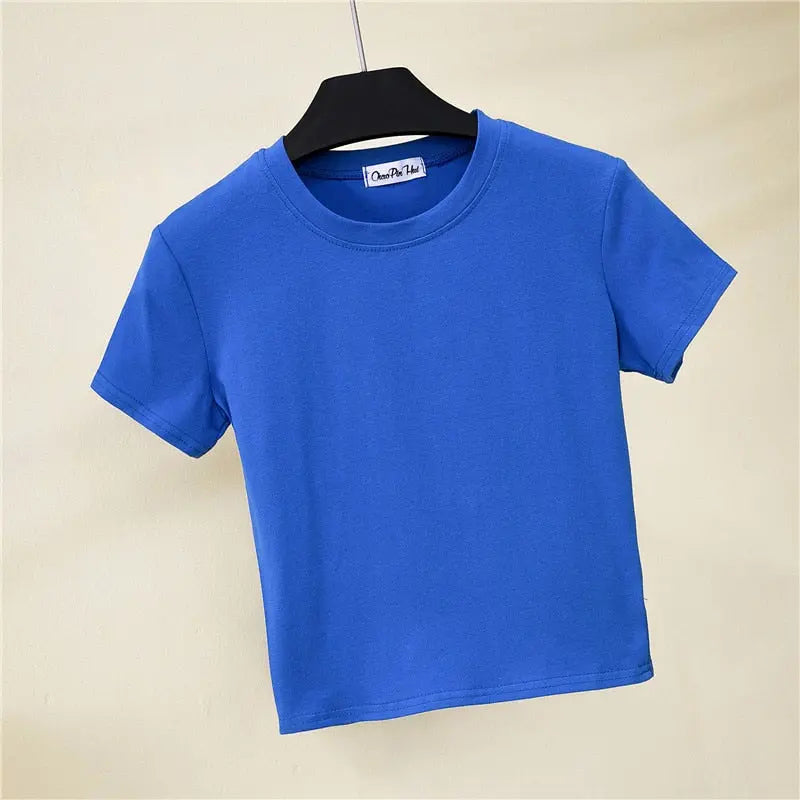 Crop Top T-Shirt Female Solid Cotton O-Neck Short Sleeve T-shirts for Women High Waist Slim T-Shirt nowadaysfashion