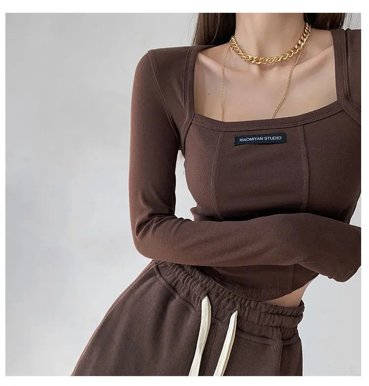 Cropped Top Women Fashion Skinny Sexy Long Sleeve T Shirts Female Casual Square Neck Tees - Blade & Thread