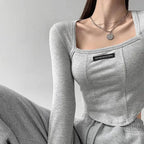 Cropped Top Women Fashion Skinny Sexy Long Sleeve T Shirts Female Casual Square Neck Tees nowadaysfashion